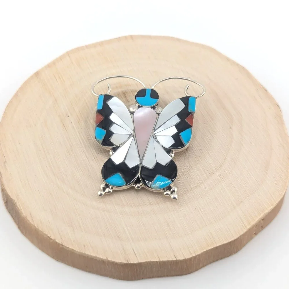 Zuni Butterfly Multi Stones Inlay Brooch Pin Pendant Native‎ American Jewelry **